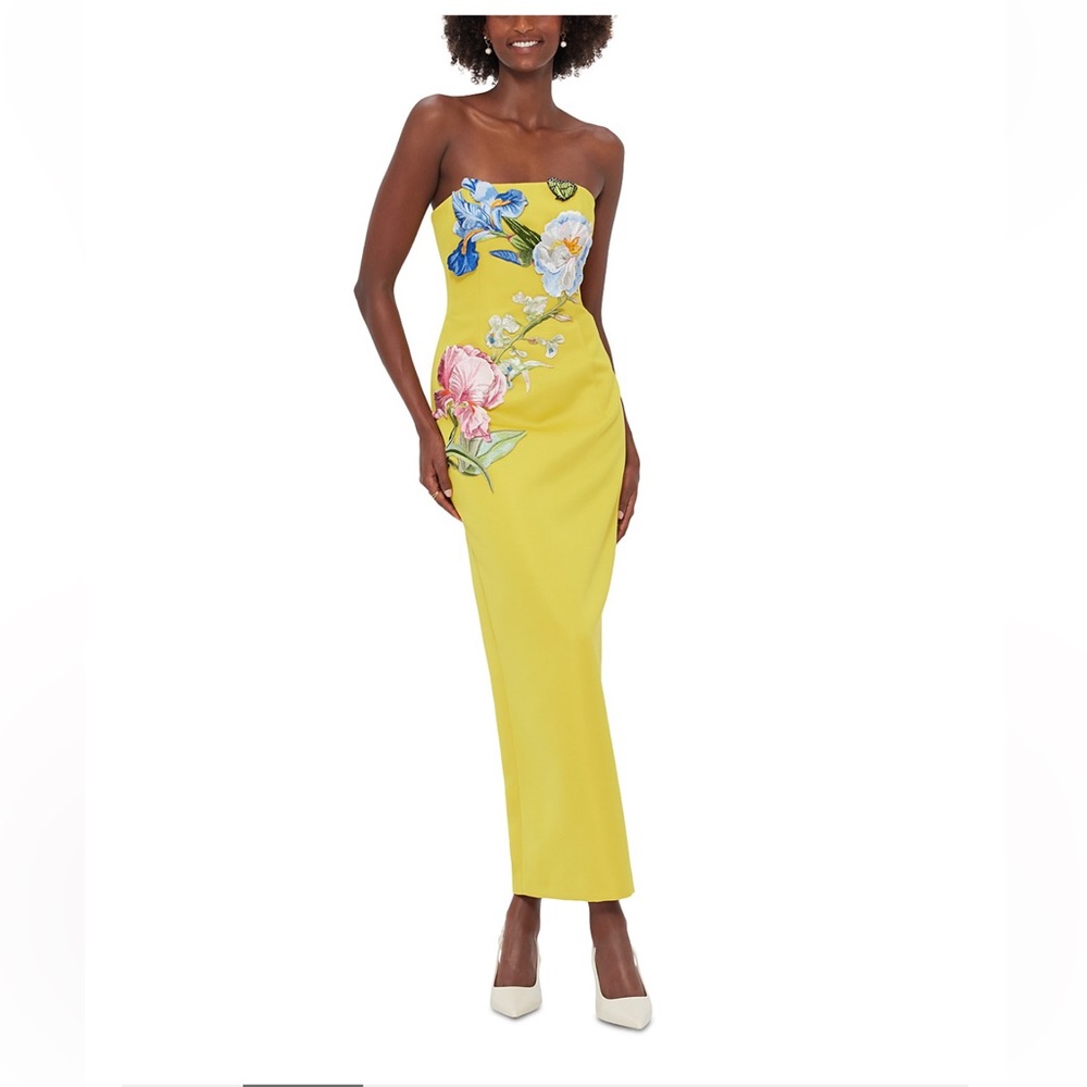 Leo Lin Rayna Floral Appliqué Bustier Maxi Dress Yellow Strapless Luxury - Picture 3 of 6